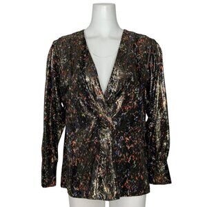 IRO Milana Metallic Printed Top Blouse 40 US 8 Black Silk Long Sleeve V-Neck